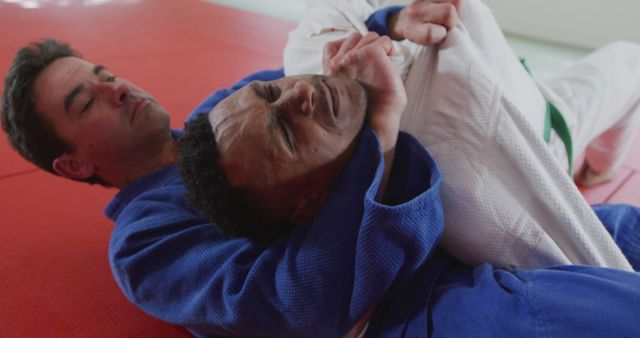 Two Men Practicing Judo on Red Mat in Ju-Jitsu Hold - Download Free Stock Images Pikwizard.com