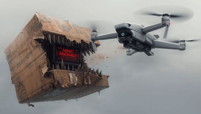 Drone confronting cardboard monster box displaying red mimic anomaly detected alert