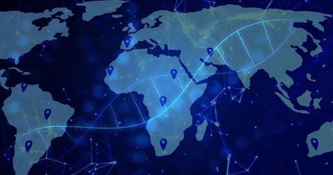 Futuristic digital dna helix with global connectivity network map