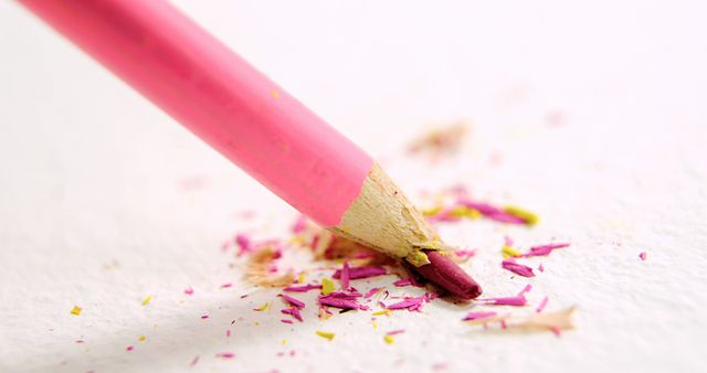A close-up view of a pink pencil with its tip broken off, surrounded by shavings, with copy space. It symbolizes frustration or the need for a break in a creative process or academic work.