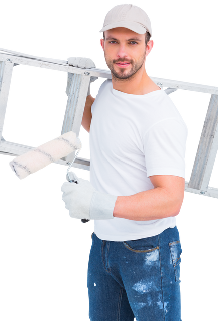 Handyman with Paint Roller carrying Ladder in Transparent Isolated Setting - Download Free Stock Videos Pikwizard.com