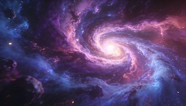 Glowing spiral nebula radiating golden core through magenta and blue cosmic clouds