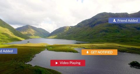 Digital Interface Overlays Hovering Over Serene Mountain Lake