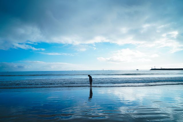 Silhouette of a person standing alone on a tranquil beach during sunrise, reflecting on the water. Ideal for themes of serenity, contemplation, loneliness, and the beauty of nature at dawn. Perfect for use in mental health and wellness content, travel promotions, and inspirational visuals.