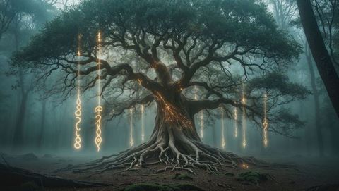 Enchanted dreaming tree with glowing runes in misty forest