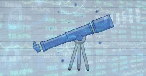 Telescope icon over stock market data on lined paper background