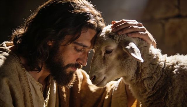 Bearded shepherd cradling sheep forehead to forehead, tender pastoral bond and comfort