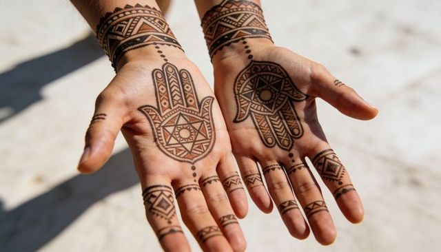 Decorative henna hamsa palms featuring geometric mehndi patterns in sunlit outdoor closeup