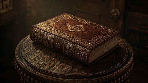 Antique leather-bound book in vintage library setting