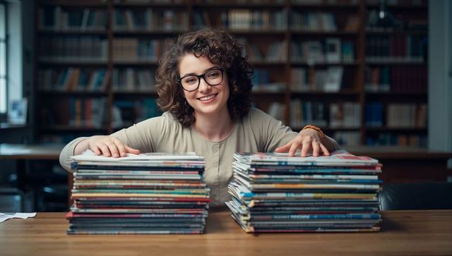 Smiling woman organizing magazine stacks in library studying with glasses and books