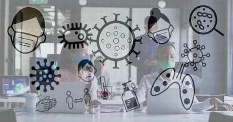 Masked Professionals Collaborating in Modern Office with Health Icons Overlay