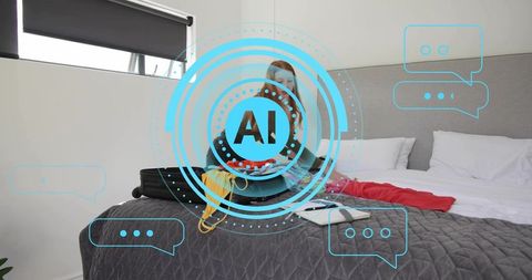 Woman packing suitcase on bed with ai augmented chat overlay visualizing travel planning