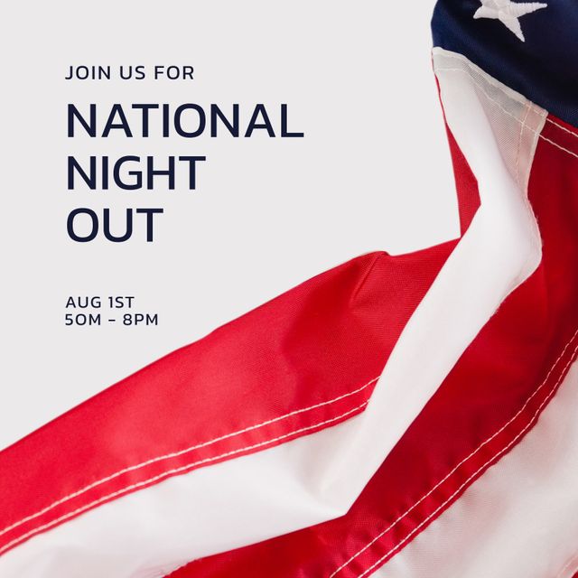 Concept showcasing an American flag promoting National Night Out event. Ideal for marketing materials, community event announcements, social media campaigns focused on unity and local celebrations.