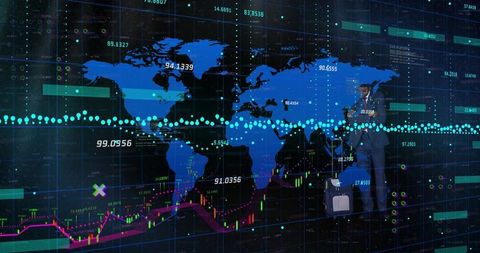Business traveler walking through global financial data visualization stock market map
