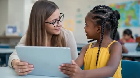 Teacher Guiding Student with Tablet in Collaborative Learning Environment