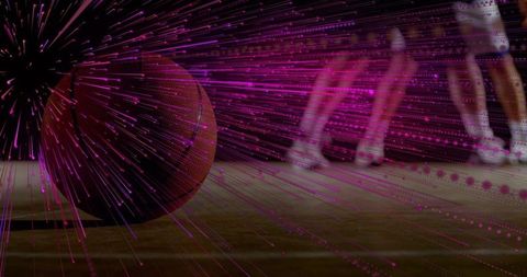 Basketball resting on hardwood with magenta motion streaks and running players for sports ads