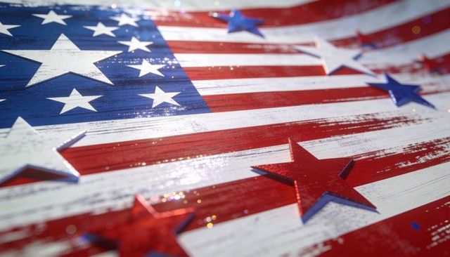 Rustic american flag motif on weathered wood with glossy embossed stars and glitter
