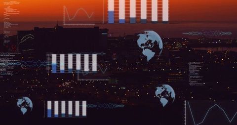 Overlaying data visualization over dusk city skyline with globe icons and waterfront silhouettes