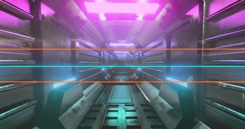 Futuristic Spaceship Corridor with Neon Lighting and Metal Panels