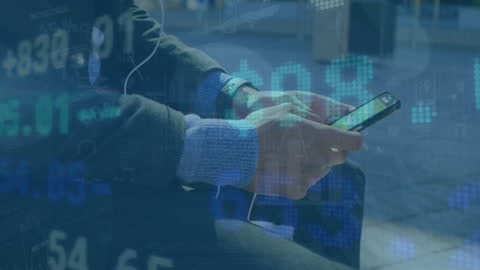 Businessman Using Smartphone with Stock Market Animation Overlay