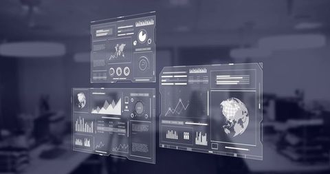Futuristic Transparent Data Dashboards Floating Over Blurred Corporate Office Workspace