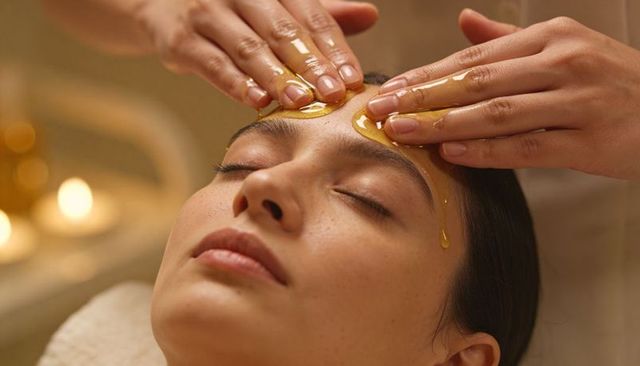 Therapist applying golden facial gel on relaxed woman forehead candles spa wellness