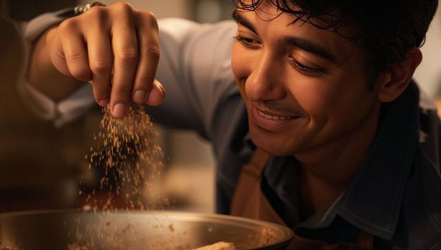 Indian man sprinkling spices over skillet while smiling, warm kitchen cooking portrait