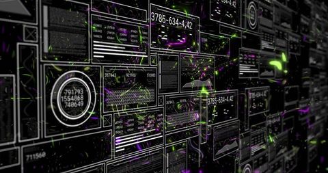 Displaying Futuristic 3D Data Wall with Dense Dashboard Panels, Neon Particles, Interface