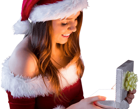 Transparent santa girl opening magical gift box