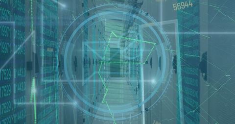 Futuristic hologram overlay on data server corridor