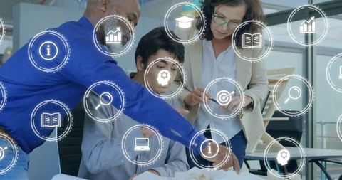 Diverse Professionals Analyzing Data with Technology Icons