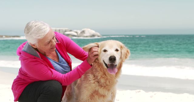 Senior woman enjoying a cheerful moment with her golden retriever on a sandy beach by the ocean. Ideal for use in content related to senior wellness, pet companionship, lifestyle, retirement activities, and happiness. Perfect for articles, advertisements, and blogs focusing on outdoor recreation and the benefits of owning pets.