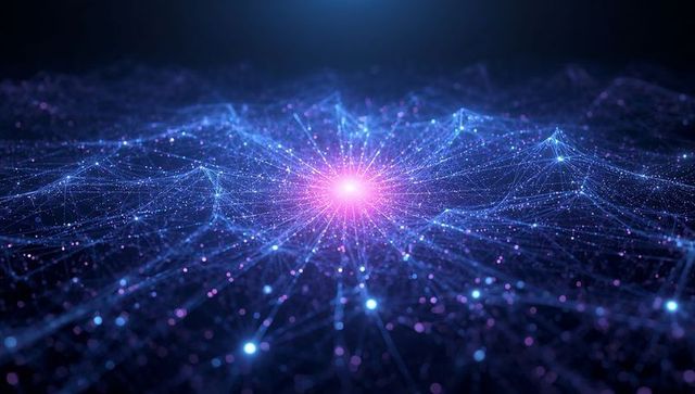 Radiating Magenta Node in Neon Network Mesh for AI and Data Visualization, Futuristic Holography