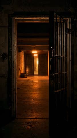 Vertical vault corridor with barred steel gate swinging open, warm light revealing box