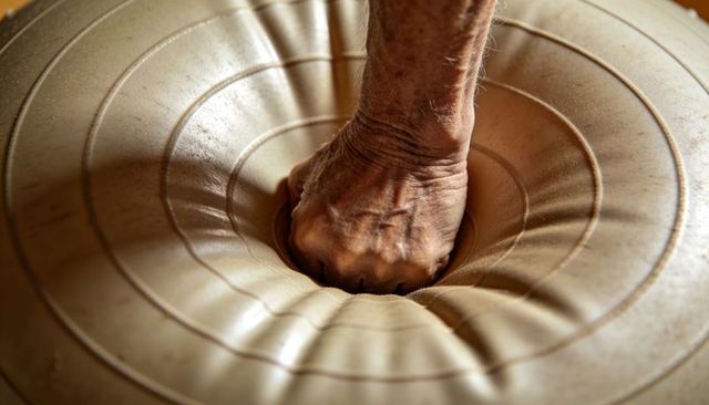 Senior fist pressing into beige ringed cushion close-up highlighting pressure, skin texture