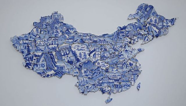 Blue white tile mosaic map of china prominent cultural landscapes