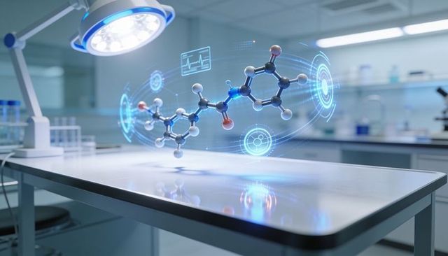Holographic molecular model projecting above lab workbench with futuristic hud visuals