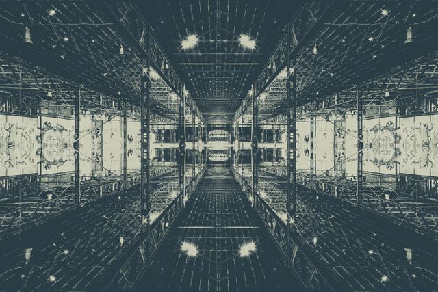 Abstract symmetrical composition featuring intricate steel structures with multiple light sources, creating a mirrored, futuristic effect. Ideal for use in backgrounds, digital art, presentations, or set-design visuals, emphasizing modern architecture, symmetry, and industrial design themes.
