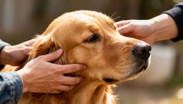 Golden Retriever Receiving Gentle Ear and Cheek Pets from Caring Hands in Sunlit Park