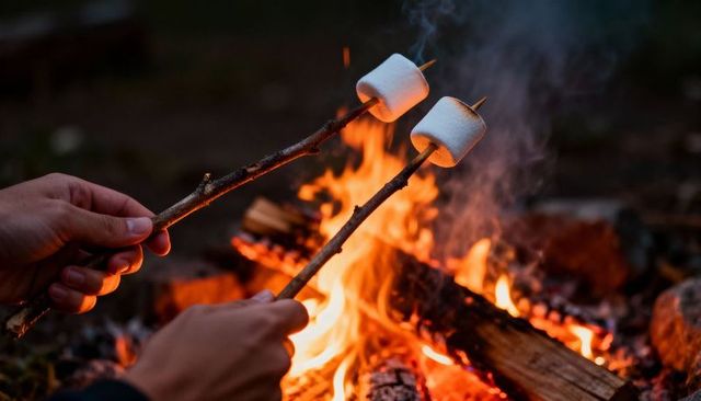 Roasting marshmallows over campfire at dusk hands holding sticks warm firelight embers