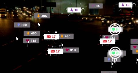Social media notifications overlaying night city lights