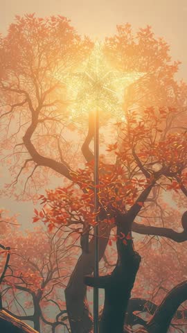 Enchanted Starstaff Emitting Golden Glow Through Ancient Autumn Trees Vertical Video