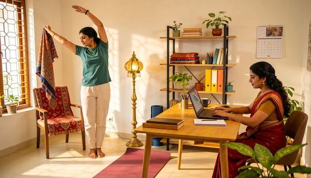 Indian mother working from home in saree while daughter stretching on yoga mat in sunlight