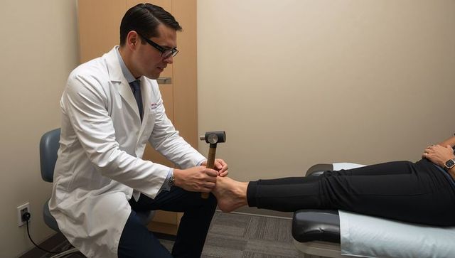 Doctor testing ankle reflex with reflex hammer during neurological exam in clinic room