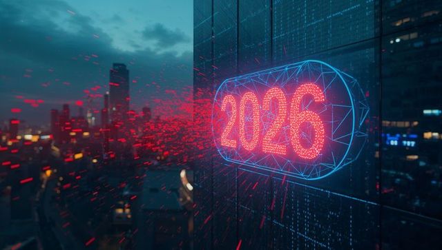 Holographic 2026 Capsule Glowing on Glass Sending Neon Particles Over Cyberpunk Skyline