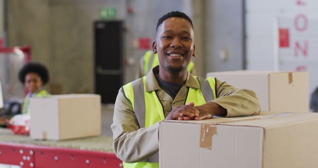 Portrait of african american male worker wearing safety suit and smiling in warehouse - Download Free Stock Photos Pikwizard.com