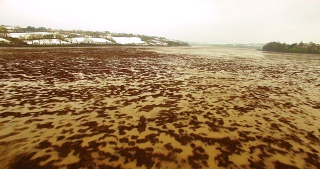 Natural winter scene depicting extensive mudflats during low tide with snowy hills in the background. Ideal for nature-themed content and travel brochures. Useful for illustrating coastal landscapes, environmental conservation efforts, or seasonal changes in geographic areas.