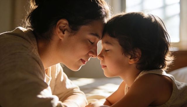 Sunlit tender moment between mother and child touching foreheads for bonding