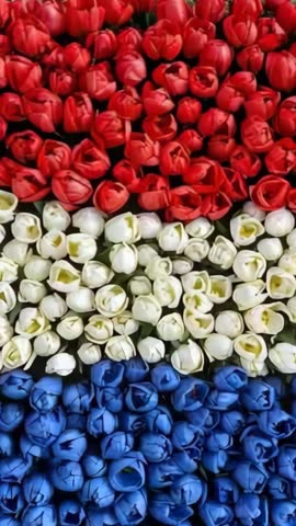 Vertical video showing red white blue tulip stripes at florist stall, vibrant floral display