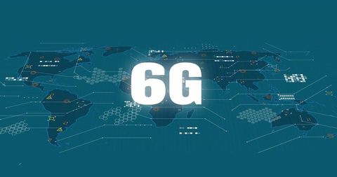 Futuristic Glowing 6G Over Global Map with Network Nodes, Data Lines and Hex Grid